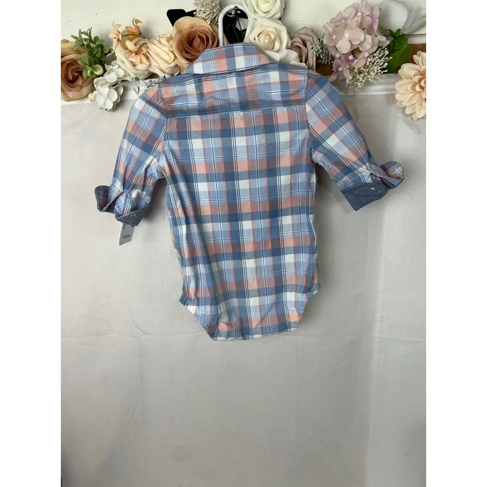 OshKosh Bgosh Baby Boys Blue Orange Plaid Button Down Bodysuit 9M NWT